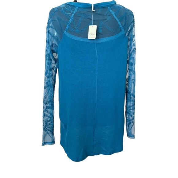 New ~ FREE PEOPLE ~ Women's Blue Sidney Embroidered Mixed Media Blouse Top Sz S - Picture 5 of 9